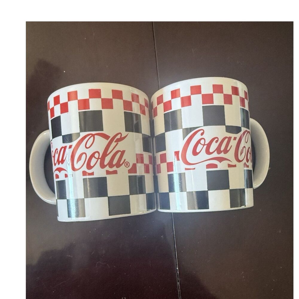 Coca-Cola Checkered Pattern Mugs Set of 2, 2002, White Red Black